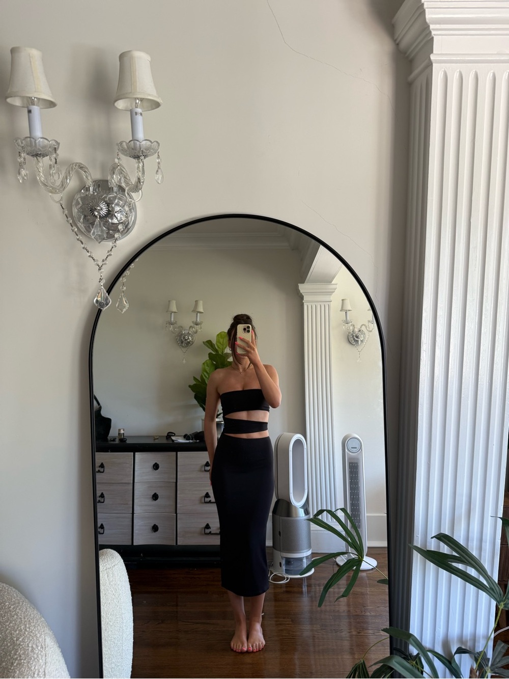 Meshki Black Strapless Midi Dress with Cutout Detail